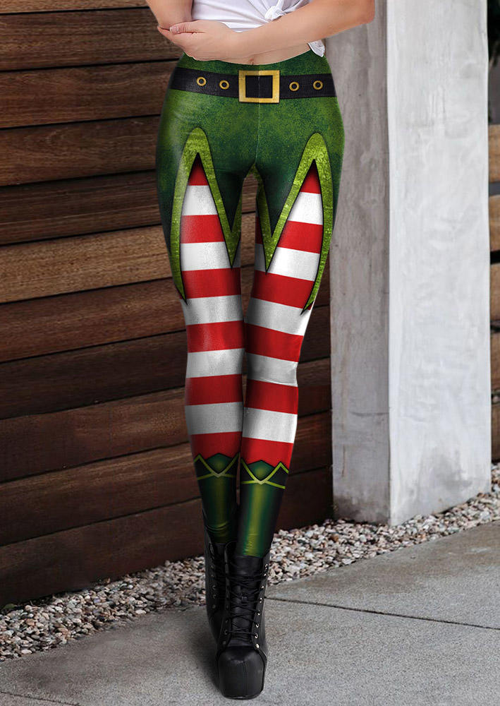 Leggings Christmas Elve Striped High Waist Skinny Leggings in Multicolor. Size: XL