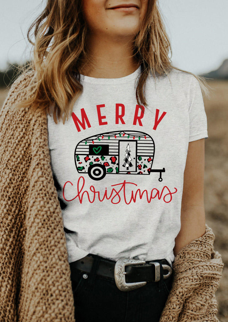 Merry Christmas Tree Plaid Striped O-Neck T-Shirt Tee - Gray