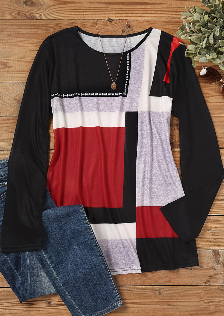 

Blouses Color Block Long Sleeve O-Neck Blouse in Red. Size: L,M,,XL