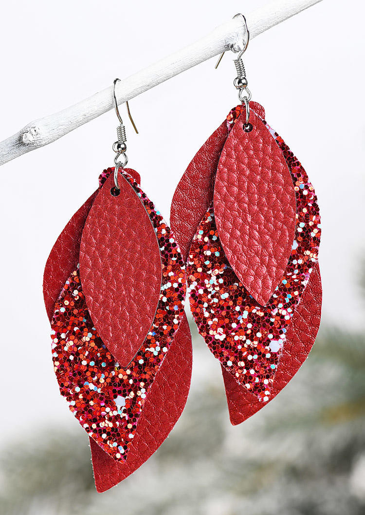Earrings Glitter Leaf Multi-Layered Leather Earrings - Burgundy in Red. Size: One Size