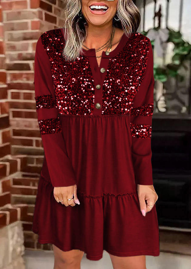 

Mini Dresses Glitter Button Ruffled Long Sleeve Mini Dress - Burgundy in Red. Size: L,M,,XL