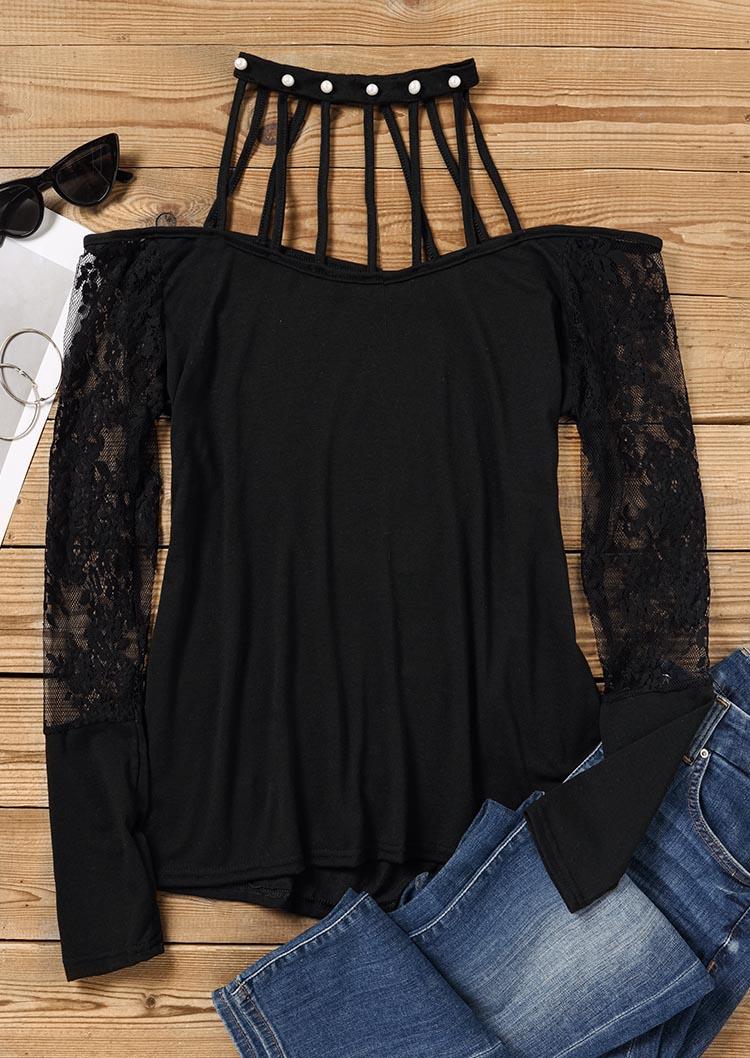 Blouses Pearl Hollow Out Lace Splicing Blouse in Black. Size: L,M,XL