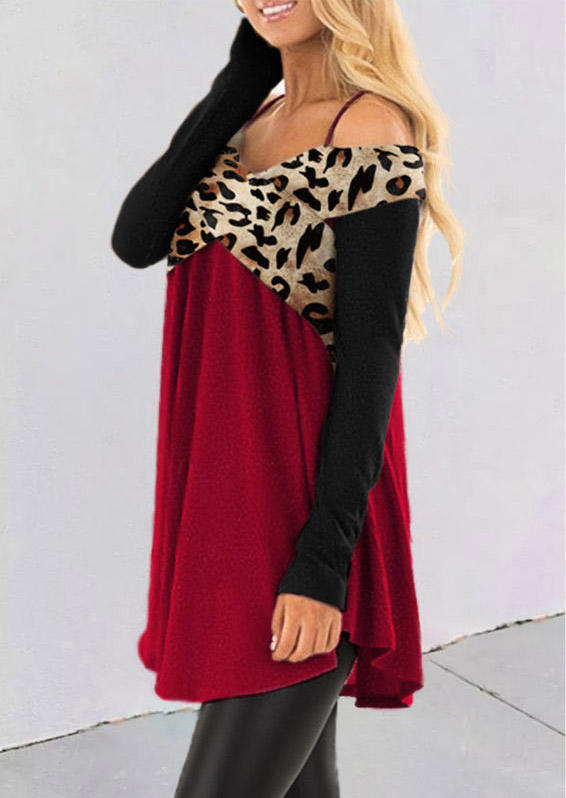 

Blouses Leopard Color Block Spaghetti Strap Cold Shoulder Blouse in Multicolor. Size: L,M,,XL