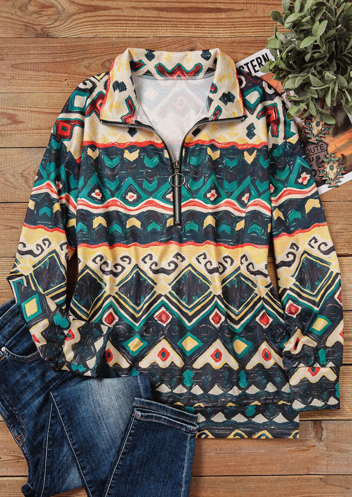 

Sweatshirts Western Geometric Zipper Collar Sweatshirt in Multicolor. Size