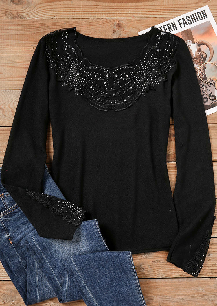 Blouses Rhinestone Lace Splicing Long Sleeve Blouse in Black. Size: L,M,S,XL
