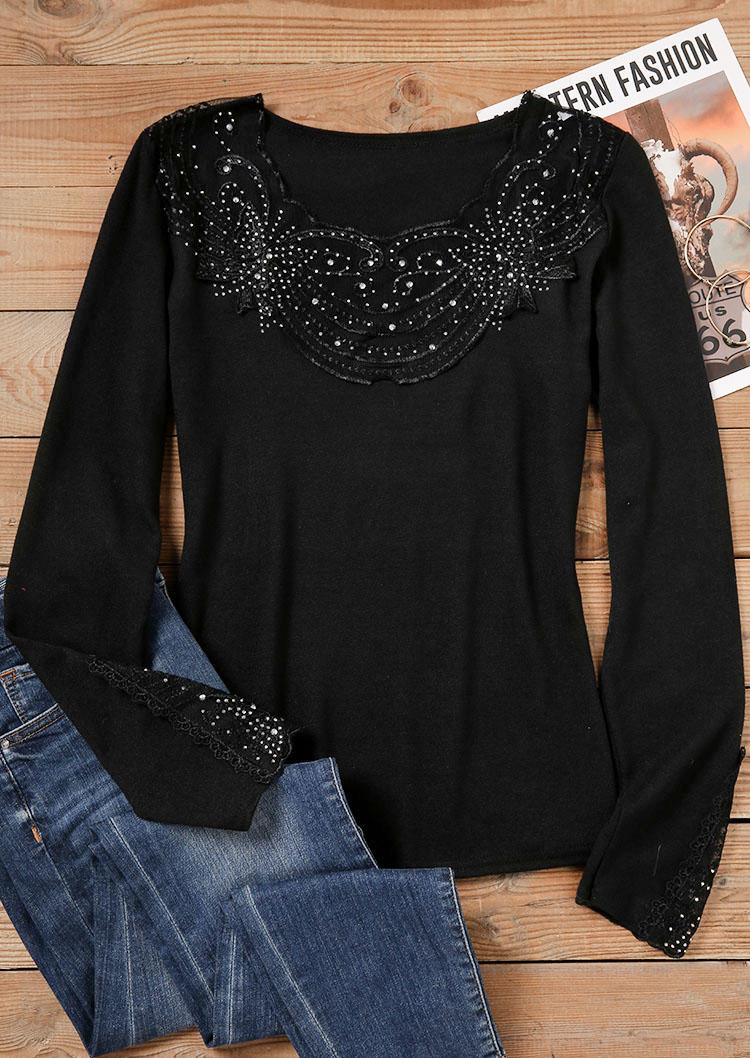 

Blouses Rhinestone Lace Splicing Long Sleeve Blouse in Black. Size