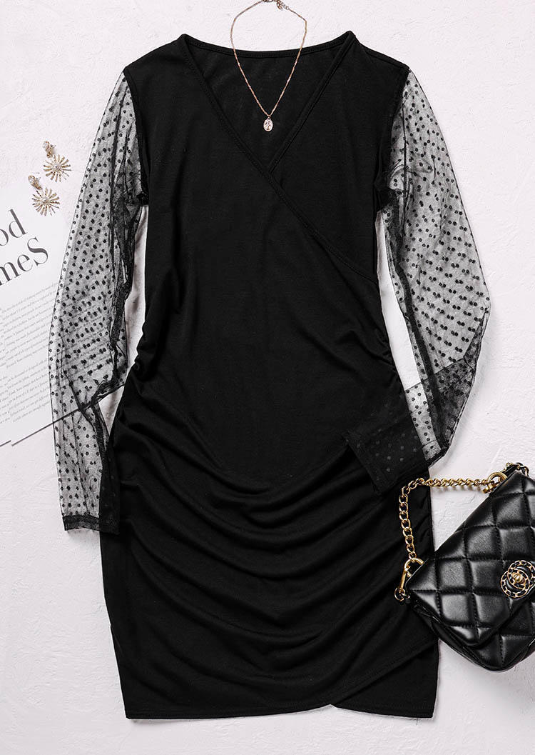 

Bodycon Dresses Mesh Splicing Wrap V-Neck Bodycon Dress in Black. Size