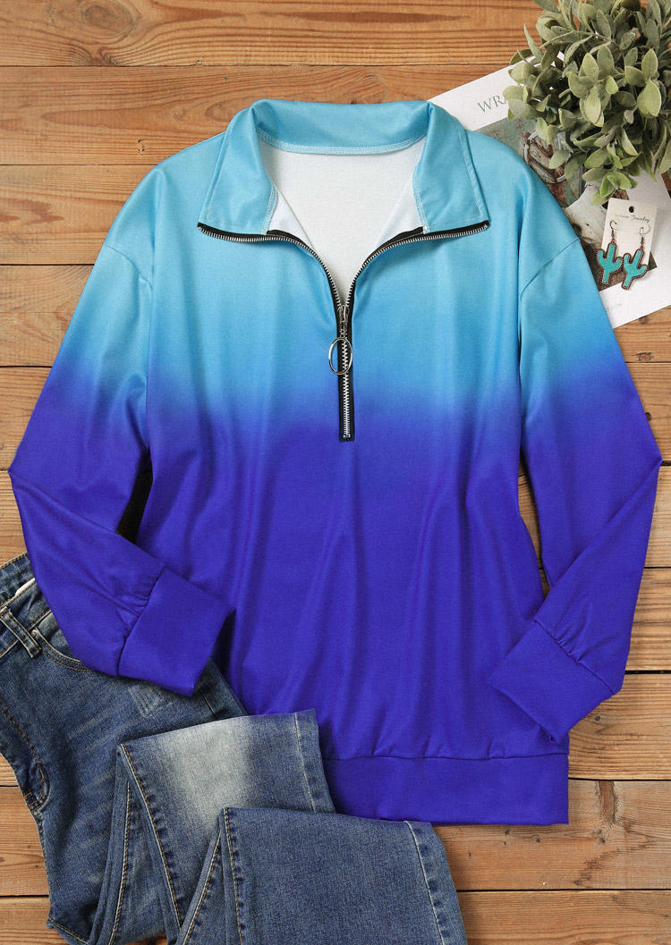 Gradient Zipper Collar Pullover Sweatshirt - Lake Blue