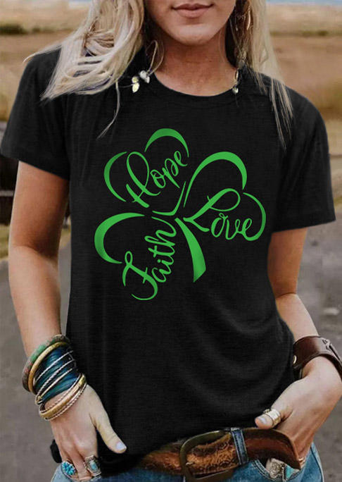 St. Patrick's Day Faith Hope Love Lucky Shamrock T-Shirt Tee - Black