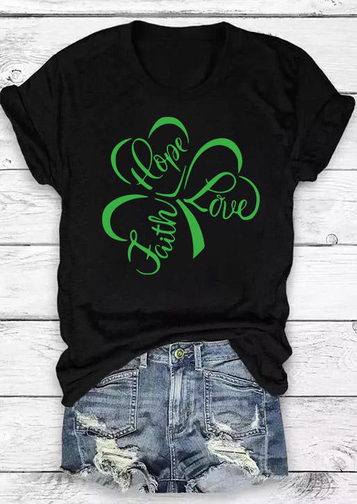 T-shirts Tees St. Patrick's Day Faith Hope Love Lucky Shamrock T-Shirt Tee in Black. Size: L,M,S,XL