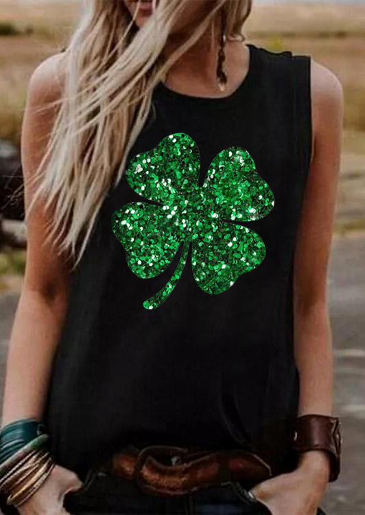St. Patrick's Day Lucky Shamrock Glitter Tank - Black