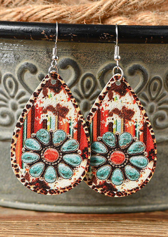 Earrings Cow Turquoise Floral Double Sided Water Drop Earrings in Multicolor. Size: One Size