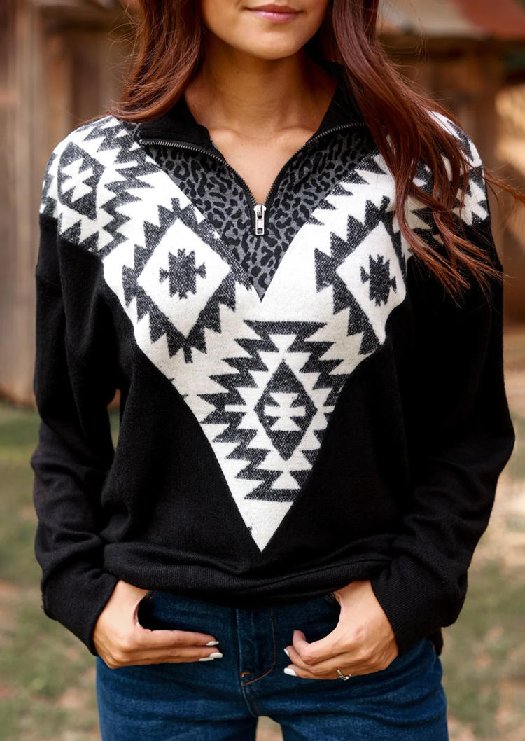 

Sweatshirts Aztec Geometric Leopard Zipper Sweatshirt in Black. Size: L,M,,XL