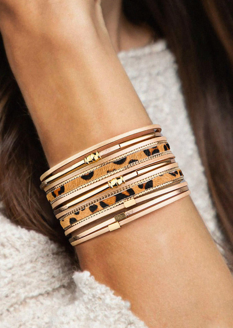 

Bracelet Leopard Magnetic Buckle PU Leather Bracelet in Khaki. Size