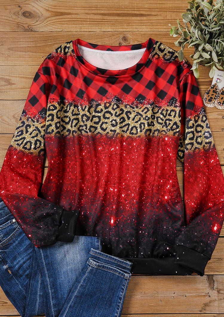 

Sweatshirts Leopard Plaid Glitter Long Sleeve Sweatshirt in Multicolor. Size: L,,XL