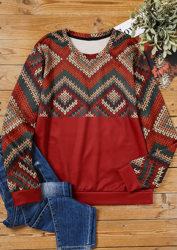 Sweatshirts Western Aztec Geometric Zigzag O-Neck Sweatshirt in Red. Size: S