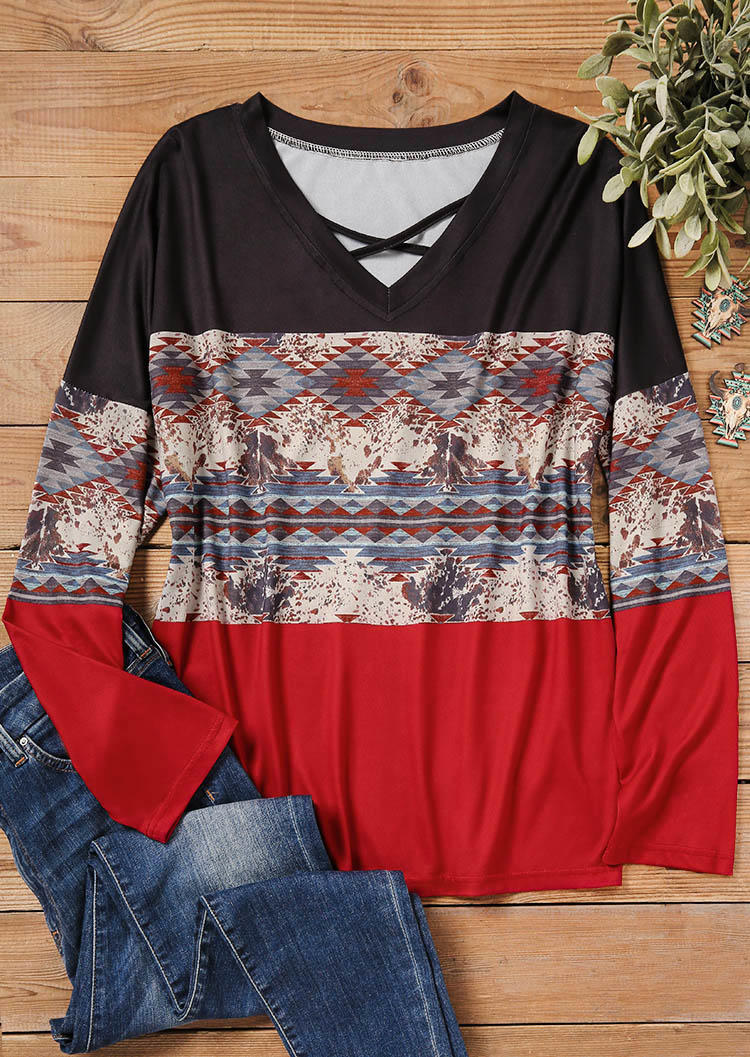 

Blouses Aztec Geometric Criss-Cross Hollow Out Blouse in Multicolor. Size