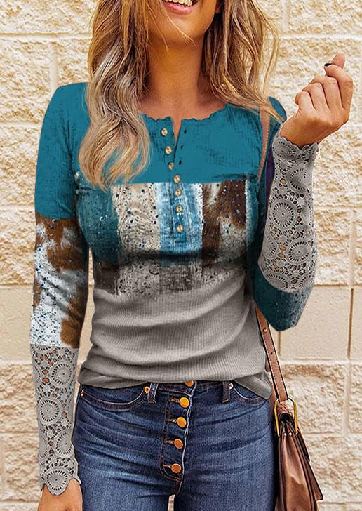 Blouses Button Lace Splicing Long Sleeve Blouse in Multicolor. Size: M,S,XL