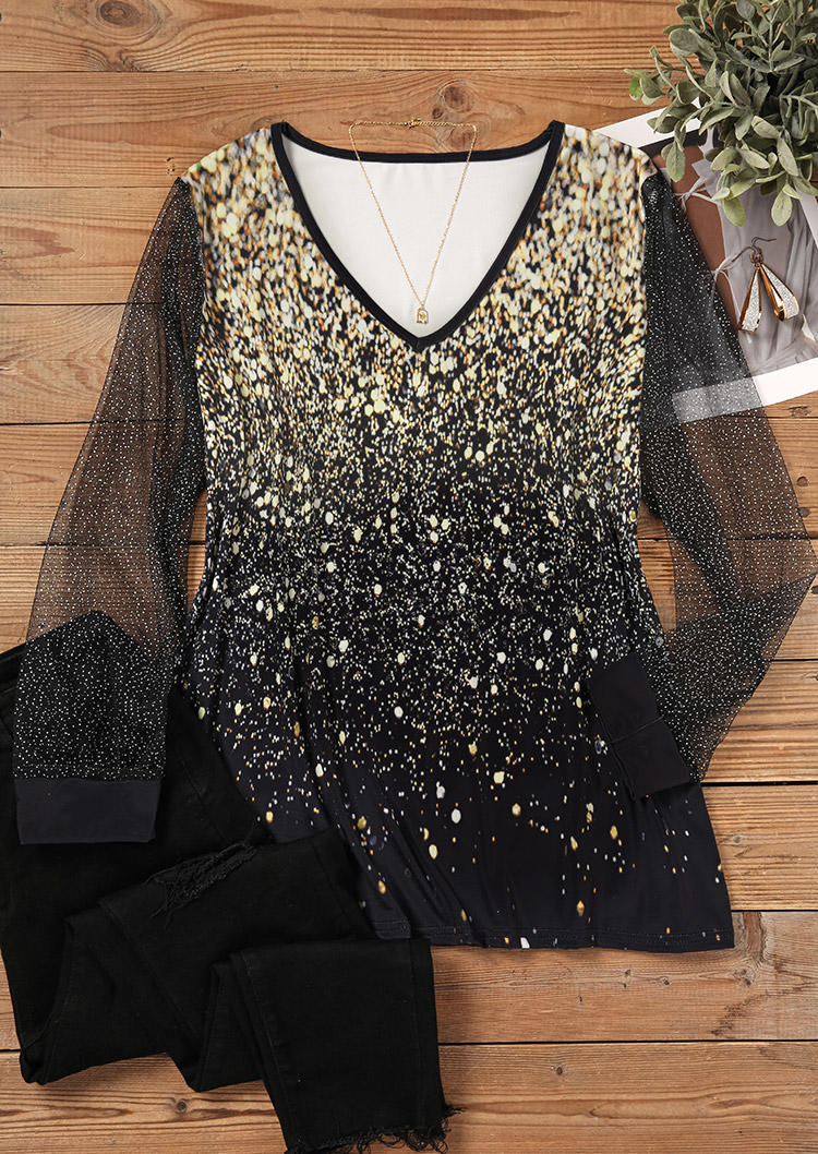 

Blouses Glitter Mesh Splicing V-Neck Blouse in Black. Size