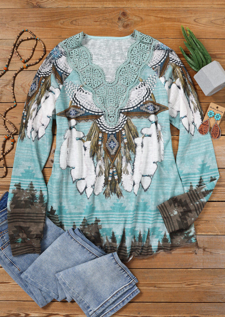 

Blouses Irregular Lace Splicing Long Sleeve Blouse in Multicolor. Size
