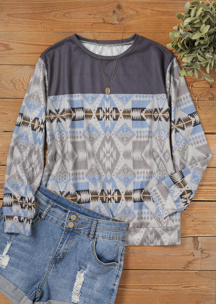 Aztec Geometric Long Sleeve Pullover Sweatshirt