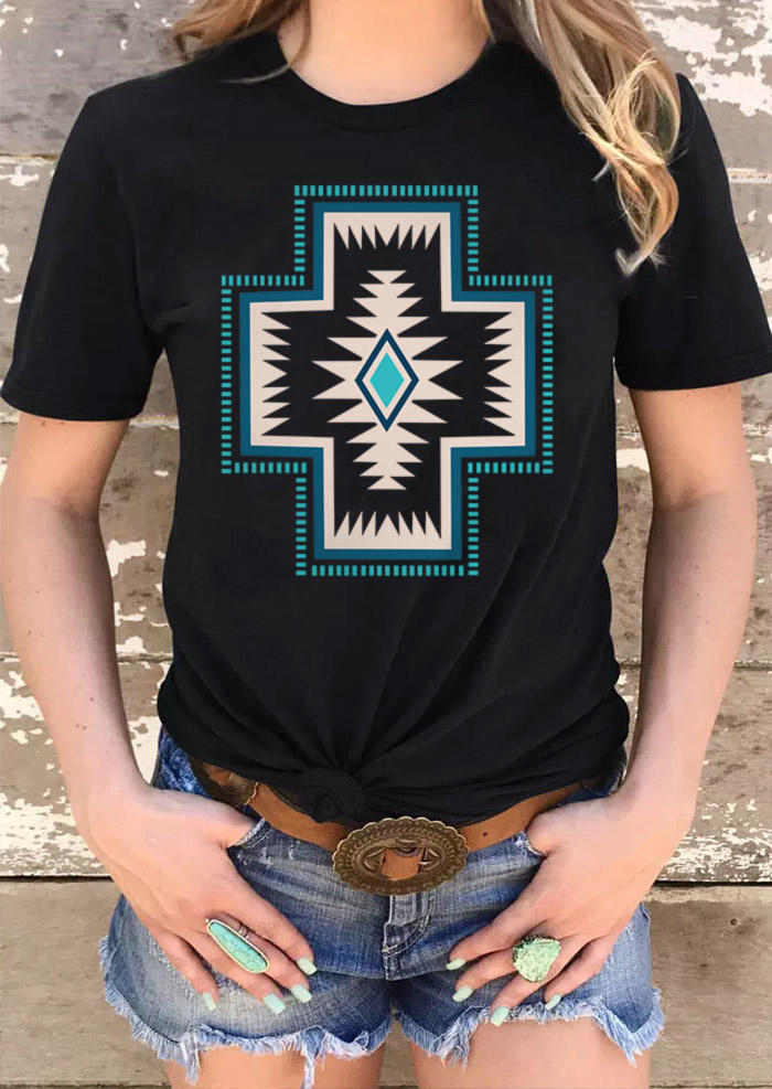 

T-shirts Tees Aztec Geometric O-Neck T-Shirt Tee in Black. Size