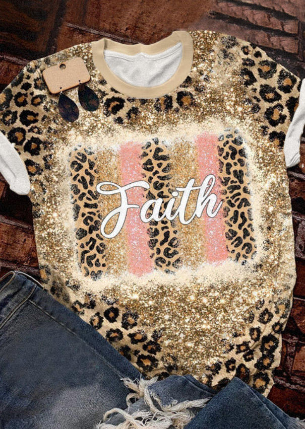 T-shirts Tees Faith Leopard Glitter Bleached O-Neck T-Shirt Tee in Multicolor. Size: L,M,S,XL