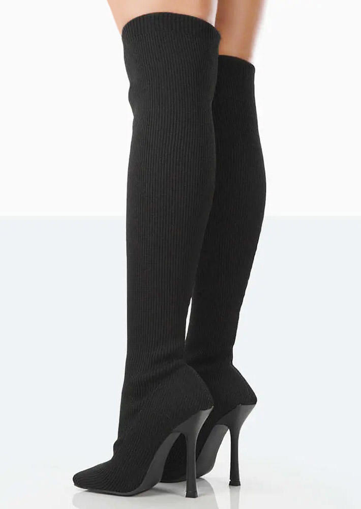 Over Knee Knitted Thin Heels Boots - Black