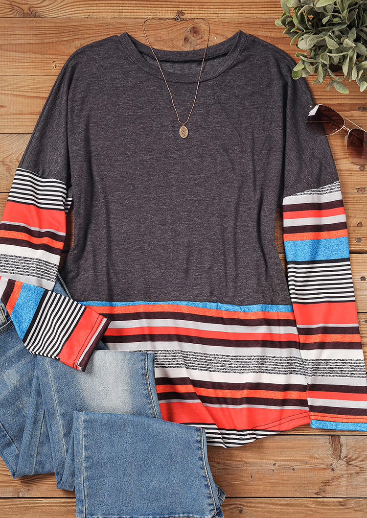 Colorful Striped Long Sleeve Blouse - Gray