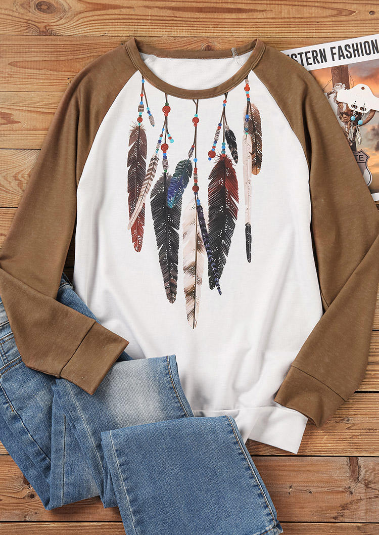 Western Feather Long Sleeve Sweatshirt - Brown