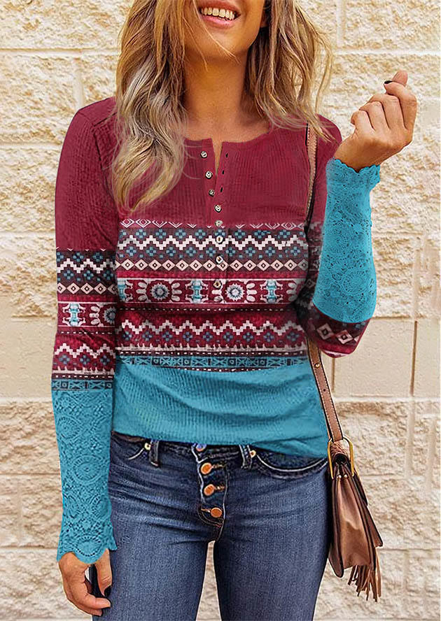 

Blouses Lace Splicing Button Long Sleeve Blouse in Multicolor. Size: ,XL