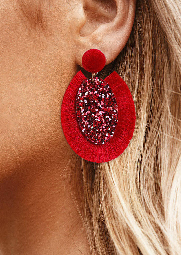 Earrings Glitter Tassel Oval Stud Earrings in Red. Size: One Size