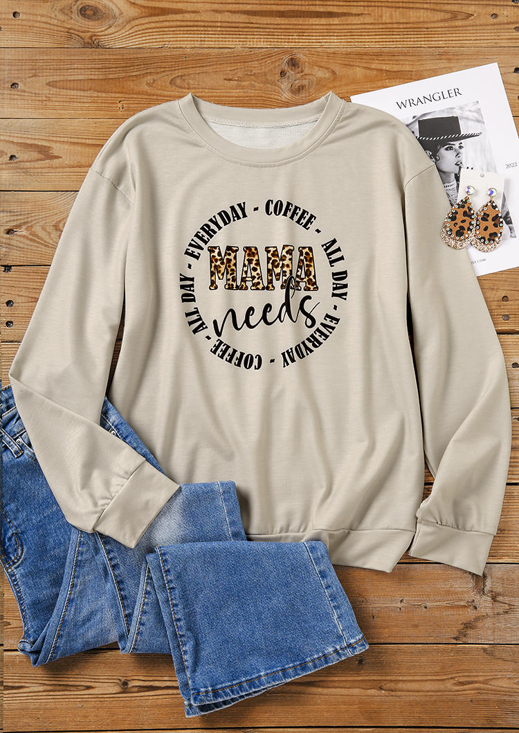 

Sweatshirts Mama Needs Coffee All Day Everyday Leopard Pullover Sweatshirt in Apricot. Size