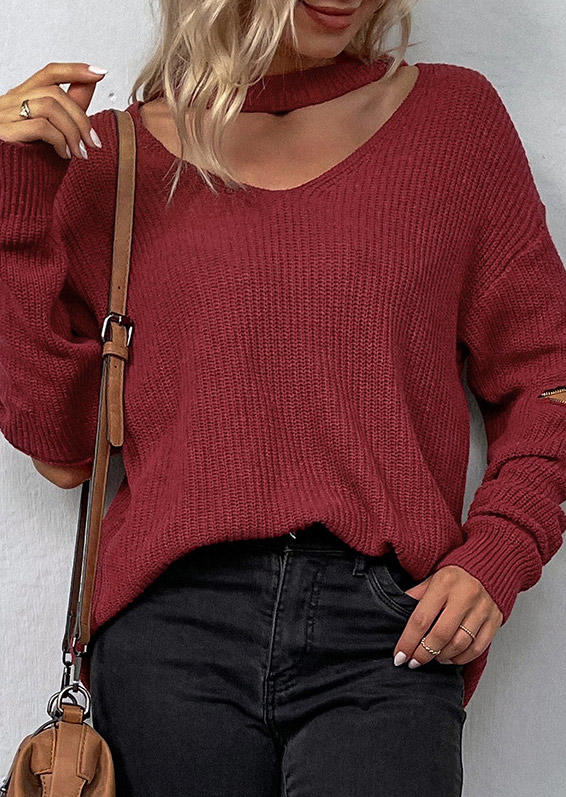 Sweaters Hollow Out Zipper Long Sleeve Sweater - Burgundy in Red. Size: L,M,XL