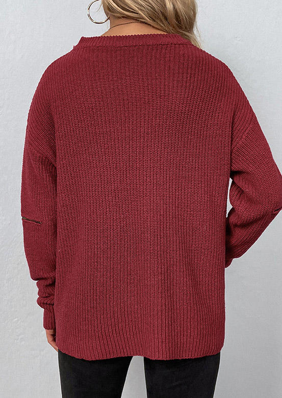 Hollow Out Zipper Long Sleeve Sweater - Burgundy