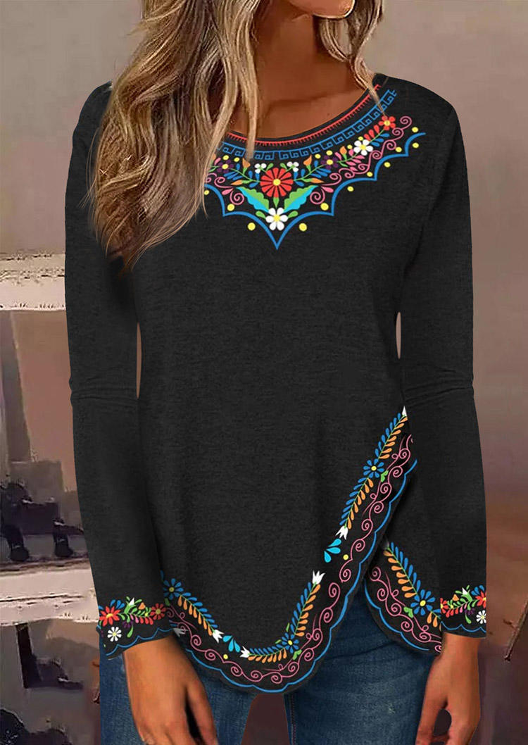 Floral Asymmetric Hem Ethnic Long Sleeve Blouse - Black