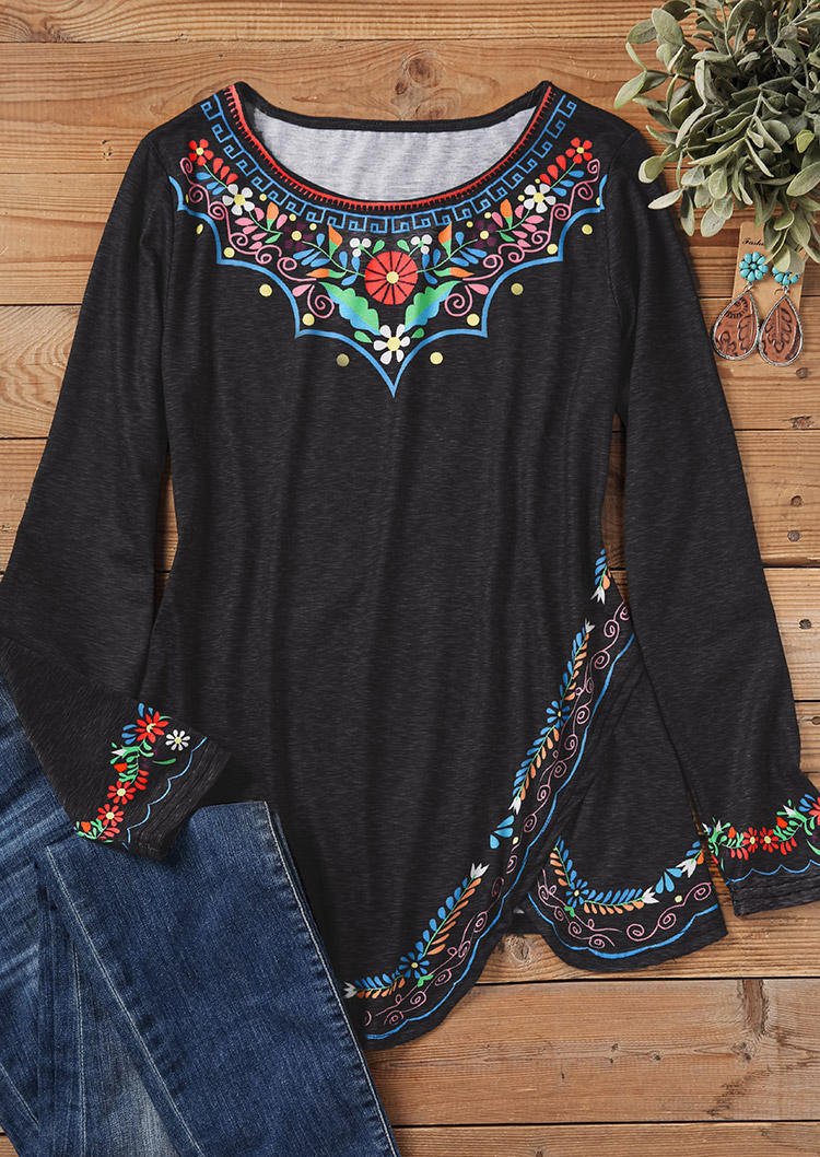 

Blouses Floral Asymmetric Hem Ethnic Long Sleeve Blouse in Black. Size