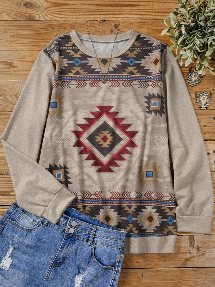 

Sweatshirts Aztec Geometric Long Sleeve Pullover Sweatshirt in Multicolor. Size