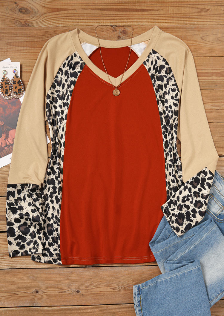 

Blouses Leopard Color Block Raglan Sleeve Blouse in Red. Size