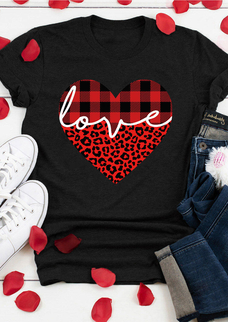 T-shirts Tees Valentine Love Leopard Plaid O-Neck T-Shirt Tee in Black. Size: L,M,S,XL