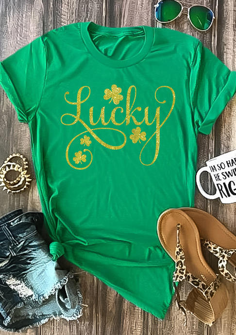 T-shirts Tees St. Patrick's Day Lucky Shamrock Glitter T-Shirt Tee in Green. Size: L,M,S,XL