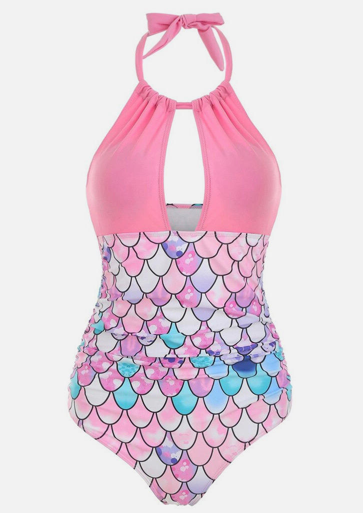 

One-Pieces Swimsuit Mermaid Scales Halter Cut Out One-Piece Bathing Suit Swimwear in Pink. Size: L,M,,XL