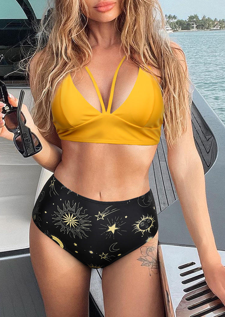 Sun Moon Hollow Out Criss-Cross Bikini Set - Yellow