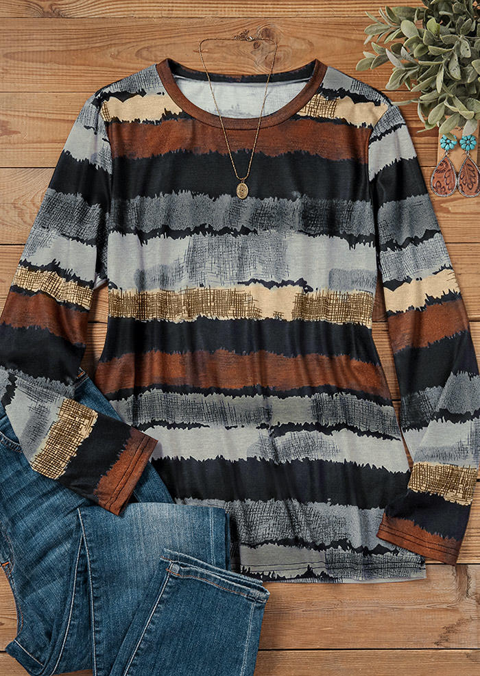 

Blouses Color Block Long Sleeve O-Neck Blouse in Multicolor. Size: ,XL