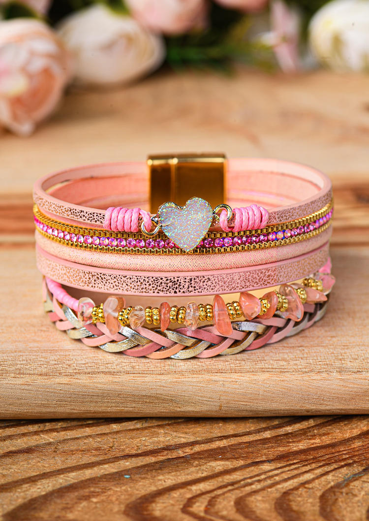 Bracelet Valentine Heart Stone Braid Multi-Layered Bracelet in Pink,Silver. Size: One Size