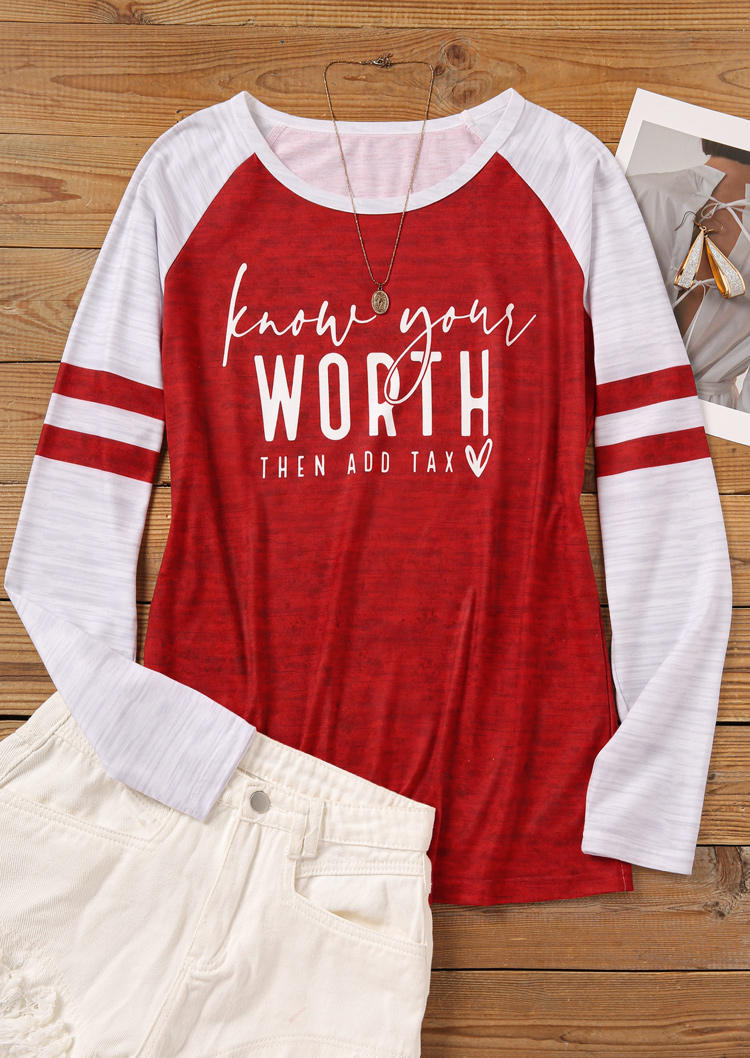 

T-shirts Tees Know Your Worth Then Add Tax Raglan Sleeve T-Shirt Tee in Red. Size