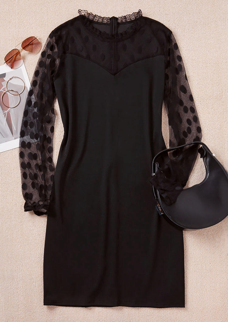 Lace Splicing Zipper Dotted Swiss Bodycon Dress - Black