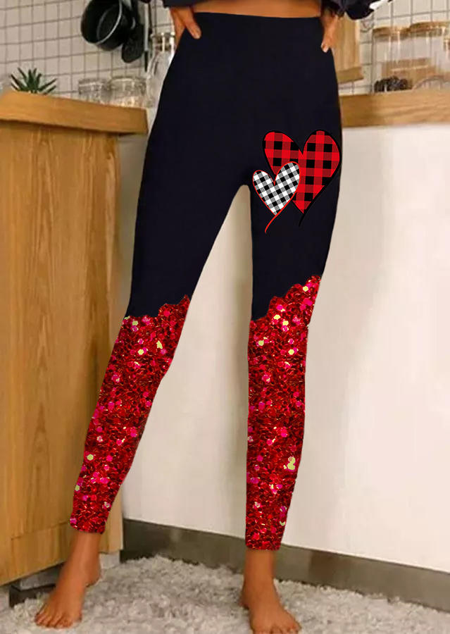 Leggings Valentine Glitter Plaid High Waist Skinny Leggings in Black. Size: L,M,S,XL