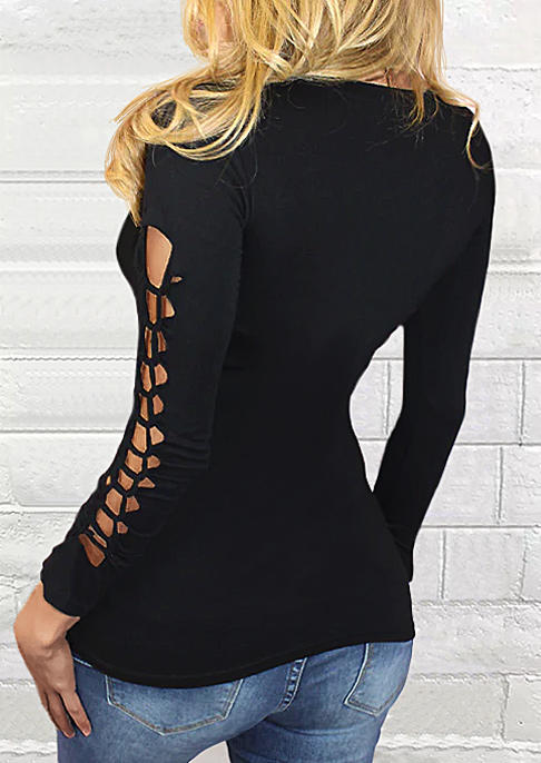 Hollow Out Long Sleeve Blouse - Black