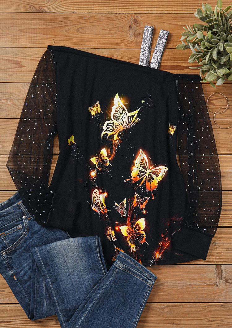 

Blouses Butterfly Mesh Splicing Glitter Blouse in Multicolor. Size